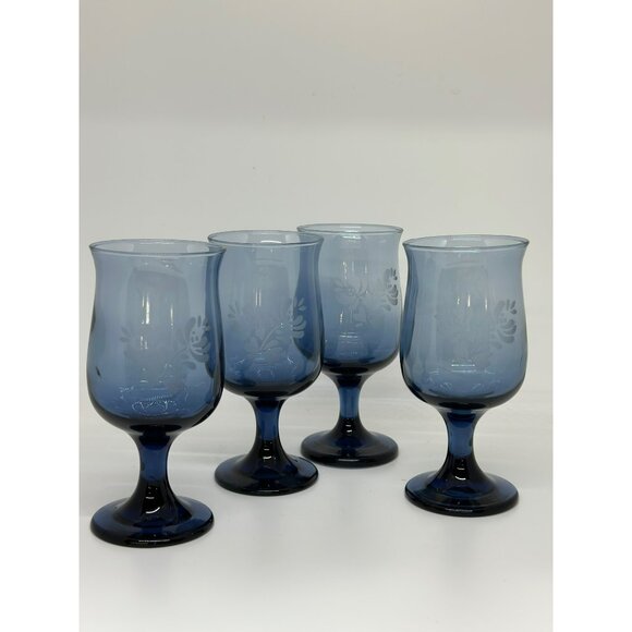 VTG Set 4 Pfaltzgraff Yorktowne Etched Cobalt Blue Stemmed Goblet Glasses 5.5" - Picture 5 of 6